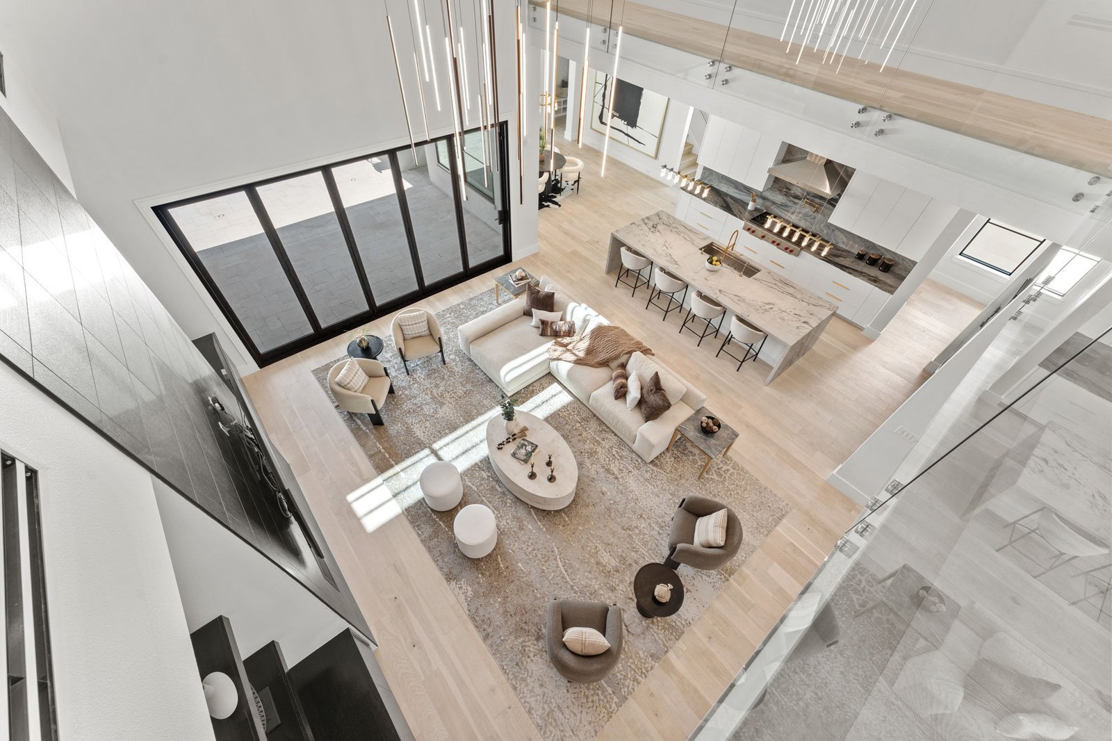 Double-height great room viewed from the upper landing at Balfour Court Custom Home