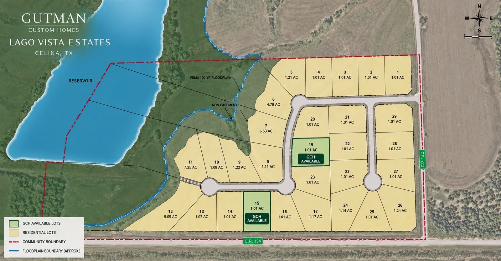 Lago Vista Estates in Celina Texas community map highlighting Gutman Custom Homes available Lots 15 and 19